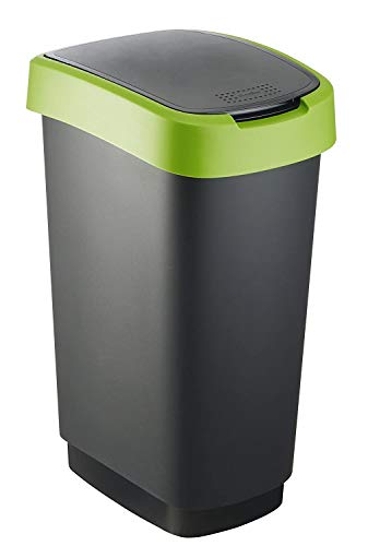 Rotho Twist Mülleimer 50l mit Deckel, als Schwing oder Klappdeckel nutzbar, Kunststoff (PP) BPA-frei, schwarz/GRÜN, 50l (40,1 x 29,8 x 60,2 cm)