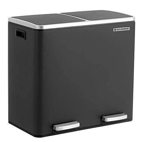 SONGMICS Mülleimer, Abfalleimer, Mülltrennsystem mit 2 Fächern, Treteimer für die Küche, 2 x 24 L, Softclose, Inneneimer aus Kunststoff, mit Fußpedalen und Handgriffen, schwarz LTB48BK