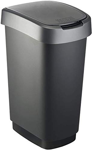 Rotho Twist Mülleimer 50l mit Deckel, als Schwing oder Klappdeckel nutzbar, Kunststoff (PP) BPA-frei, schwarz/silber, 50l (40,1 x 29,8 x 60,2 cm)