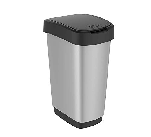 Rotho Twist Mülleimer 50l mit Deckel, Kunststoff (PP) BPA-frei, schwarz/silber, 50l (40,1 x 29,8 x 60,2 cm)