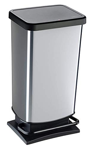 Rotho Paso Mülleimer 40l mit Pedal und Deckel, Kunststoff (PP) BPA-frei, silber metallic, 40l (35,3 x 29,5 x 67,6 cm)