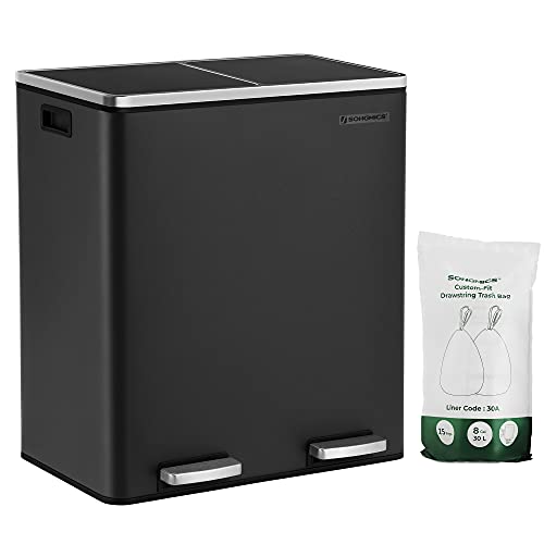 SONGMICS Mülleimer für die Küche, 2 x 30 L, Abfalleimer mit 2 Fächern, Mülltrennung, schwarz LTB60BK