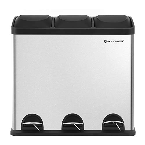 SONGMICS Mülleimer für die Küche, 54 Liter, Abfalleimer, Treteimer mit 3 Fächern, Inneneimern und 6 Aufklebern für Mülltrennung, Mülltrennsystem, silbern-schwarz LTB54L